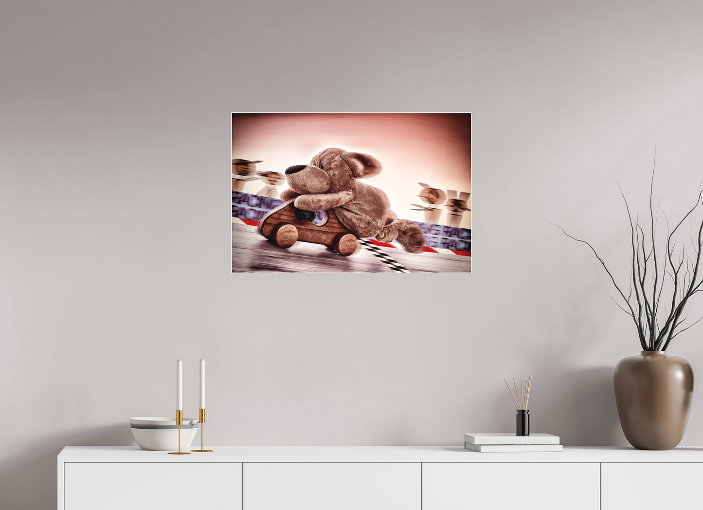 75 x 50 cm, Slimline-Einfassung weiss Rahmen Wandbild Kuscheltiere Deko Kinderzimmer Wuff Rennfahrer_6