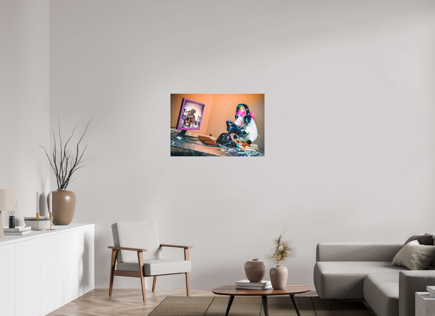 90 x 60 cm, Slimline-Einfassung silber Rahmen Wandbild Kuscheltiere Deko Kinderzimmer Einhorn Zocker_6