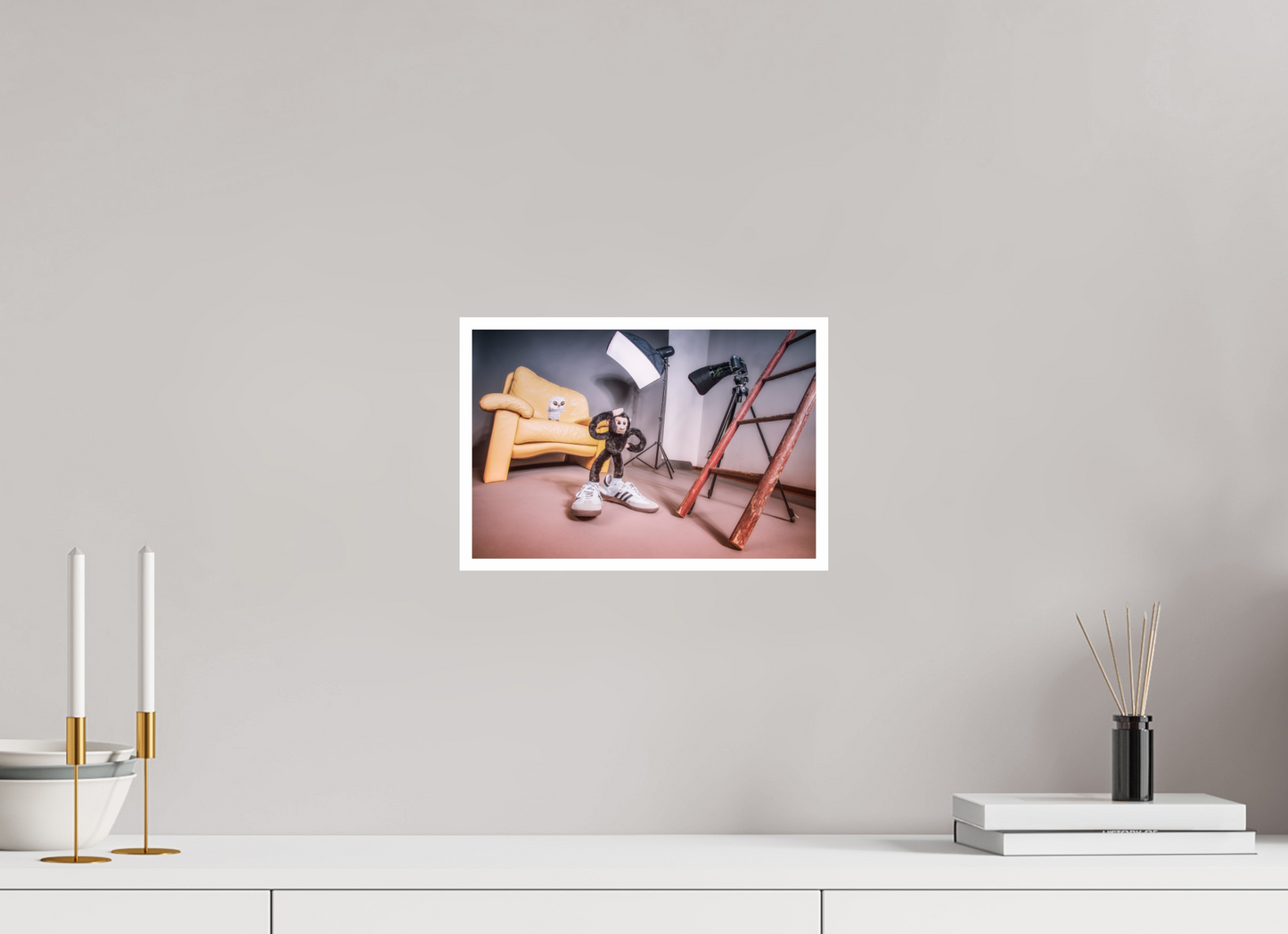 30 x 20 cm, Acrylglas 4mm Rand Acrylglas Wandbild Affe und Eule Kuscheltiere im Fotostudio Deko Kinderzimmer