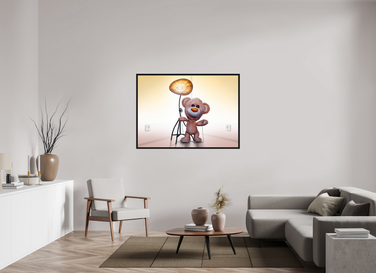 139,9 x 100 cm, Floater Frame Wandbild süßer brauner Teddybär Kuscheltier und die Wunderlampe Deko Kinderzimmer