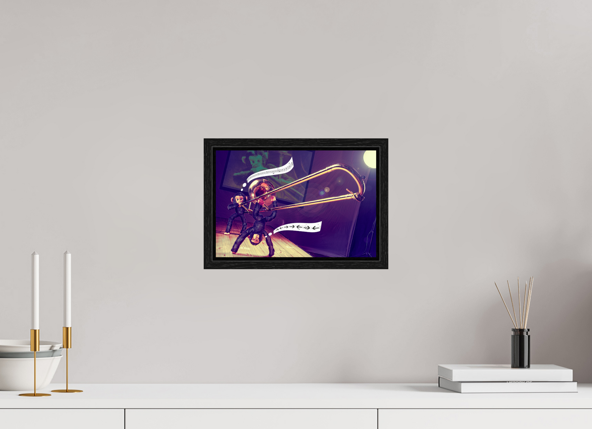 30 x 20 cm, Floater Frame Zwei Affen und eine Posaune -