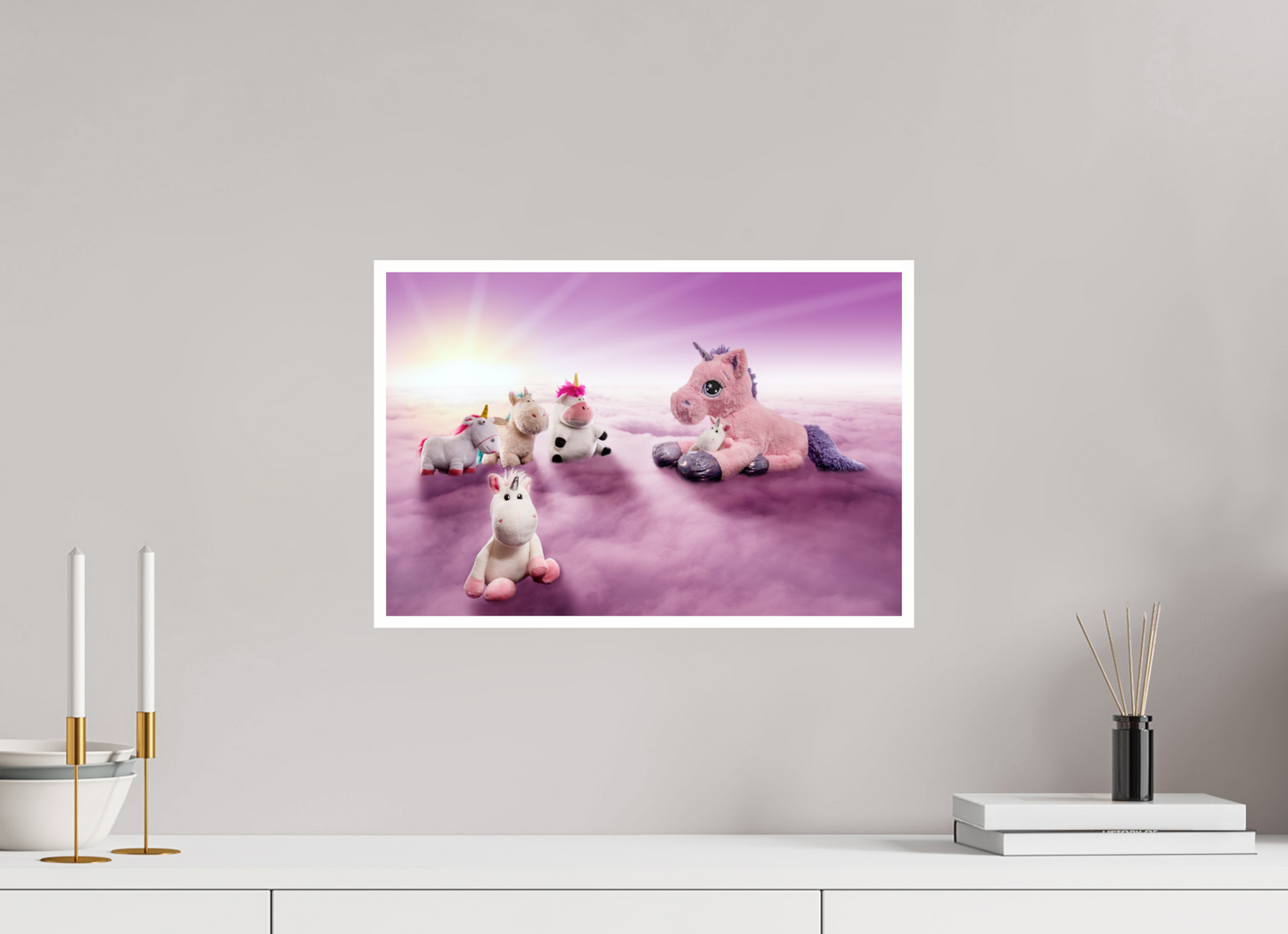 45 x 30 cm, Acrylglas 2mm Rand Acrylglas Wandbild weiße Einhörner Kuscheltiere auf den Wolken Deko Kinderzimmer