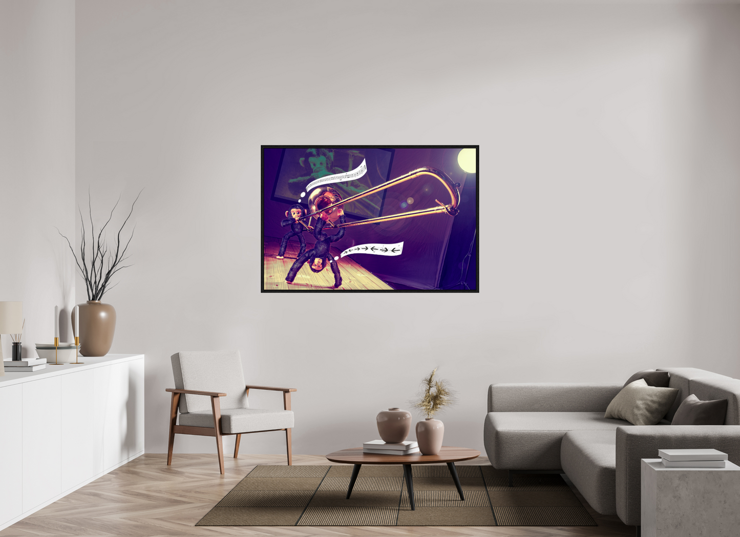 150 x 100 cm, Floater Frame Zwei Affen und eine Posaune -