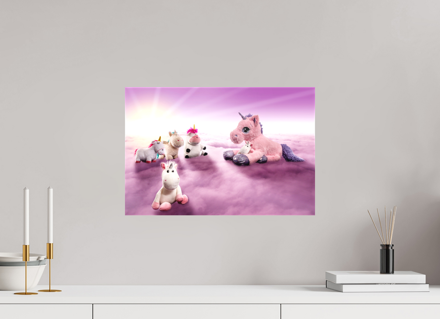 45 x 30 cm, Leinwand 60mm Leinwand Wandbild weiße Einhörner Kuscheltiere auf den Wolken Deko Kinderzimmer