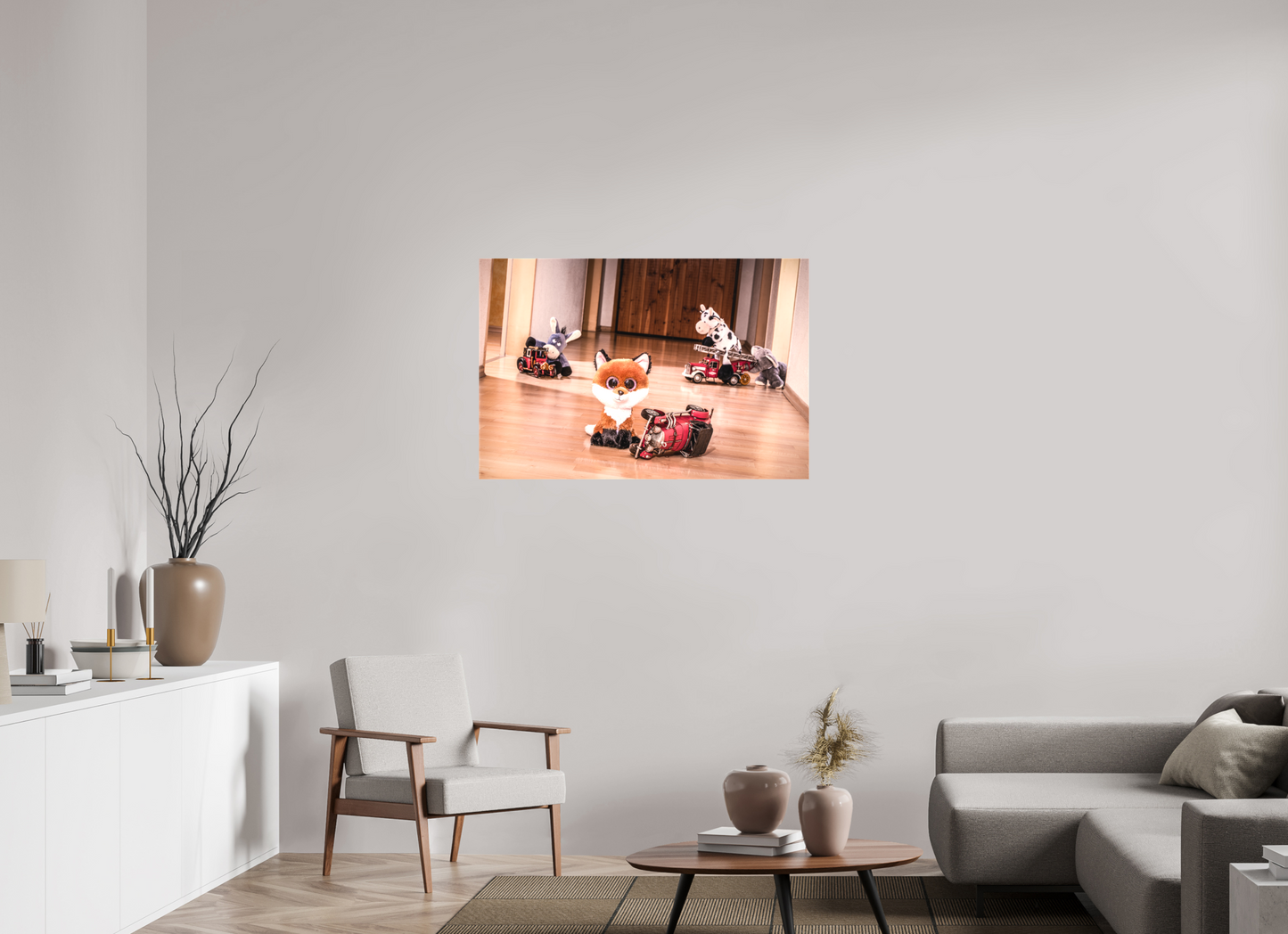 105 x 70 cm, Leinwand Textil 40mm Leinwand Wandbild Kuscheltiere Deko Kinderzimmer Fuchs Blechauto_6