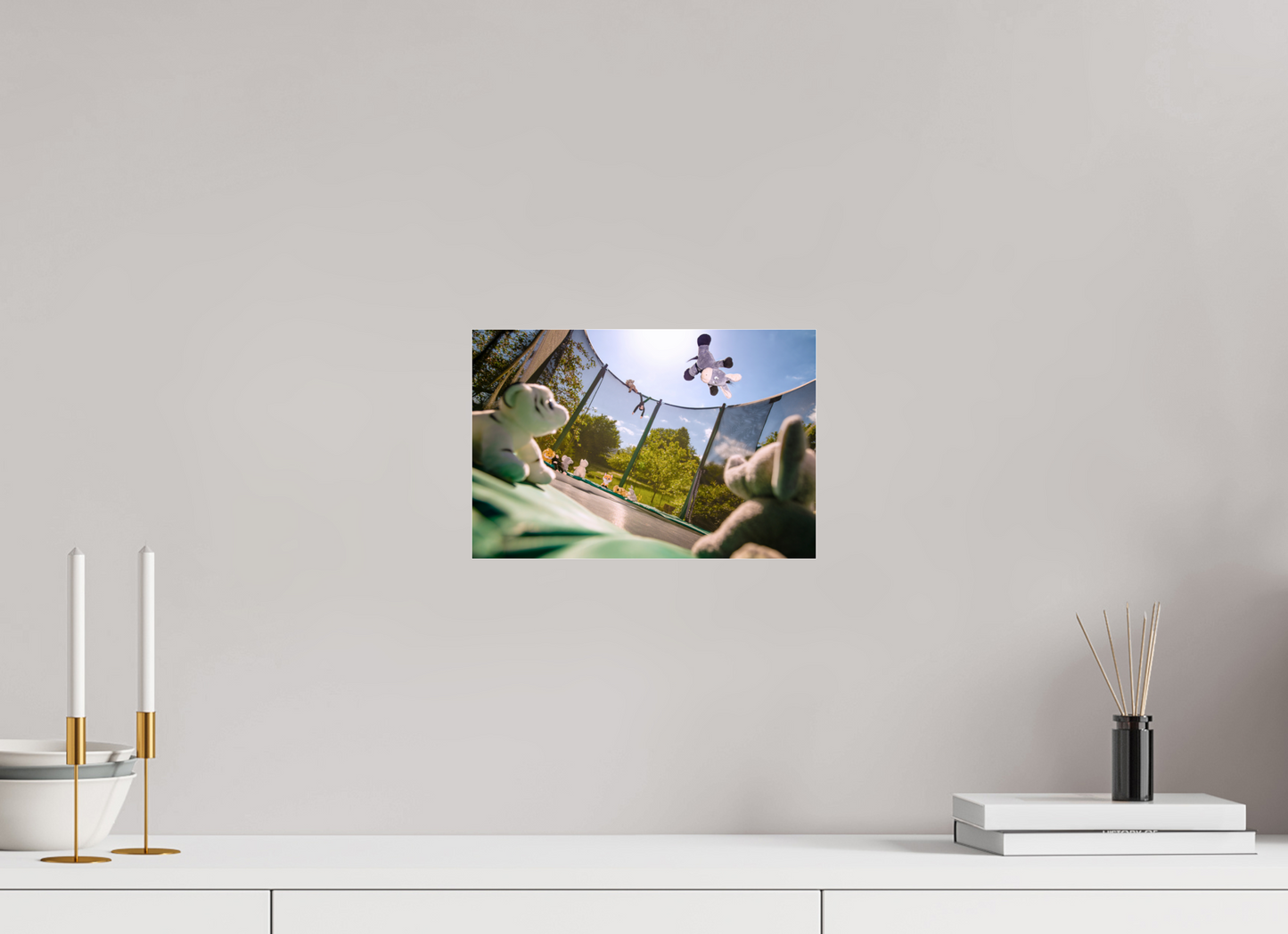 30 x 20 cm, Photo Print Under Acrylic Glass Wandbild Esel Kuscheltiere auf dem Trampolin Deko Kinderzimmer