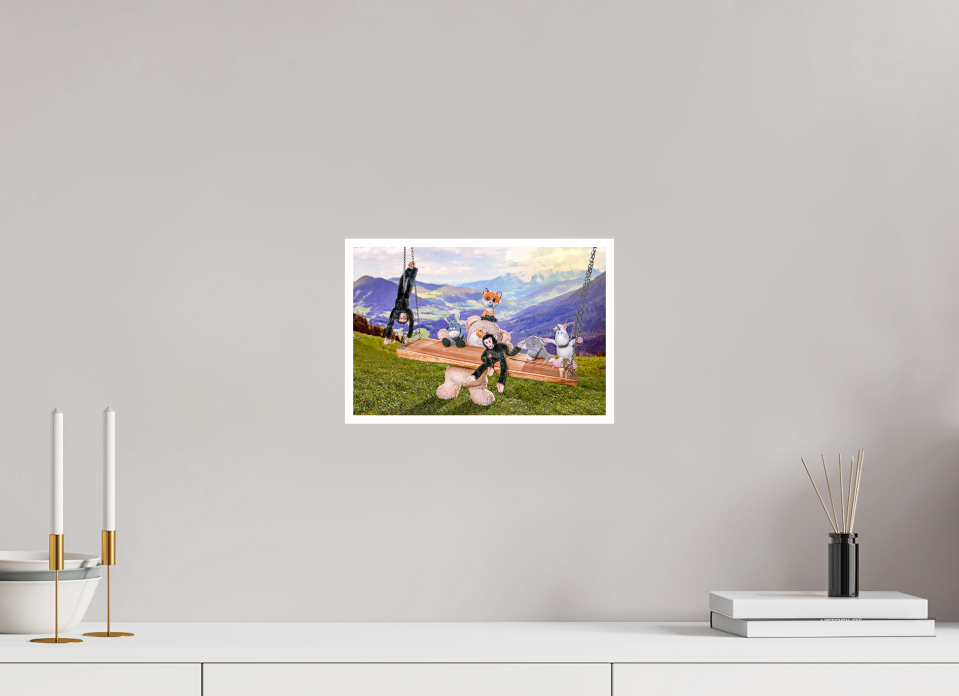 30 x 20 cm, Fotoprint Fuji + Schutz + Rand Wandbild Kuscheltiere Deko Kinderzimmer Auf der Schaukel_6