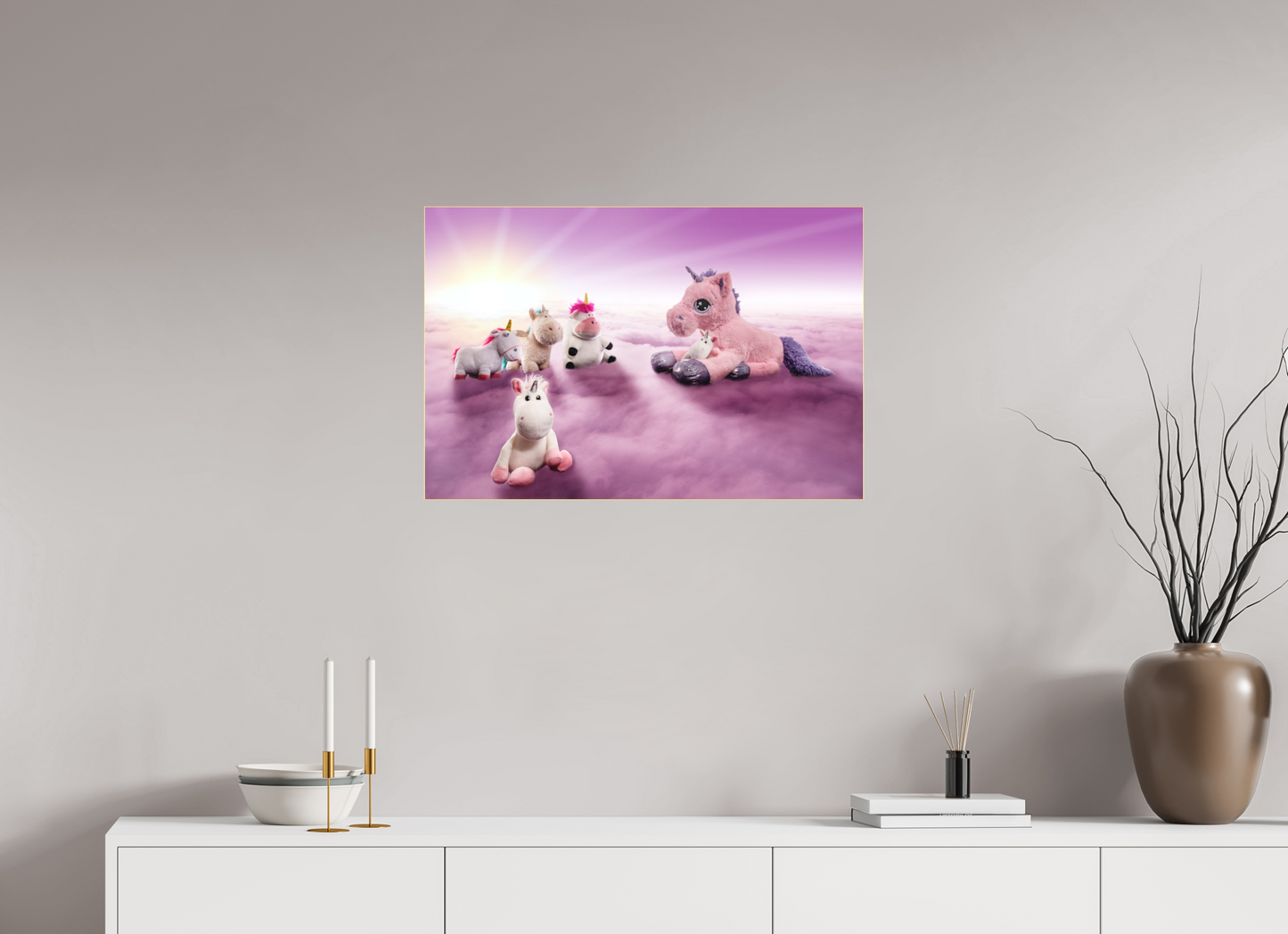 75 x 50 cm, Slimline-Einfassung gold Rahmen Wandbild Kuscheltiere Deko Kinderzimmer Einhorntreffen_6