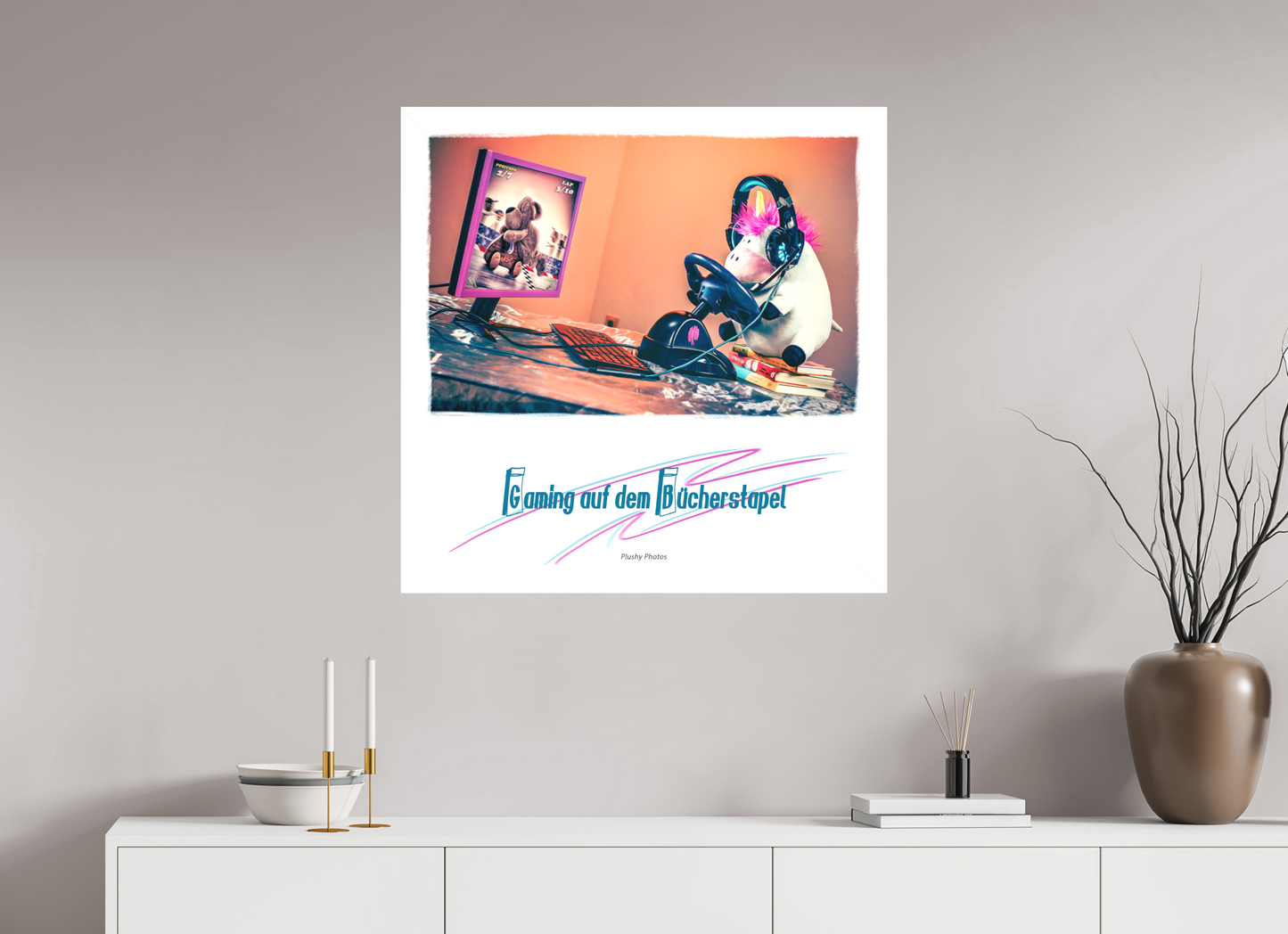 80 x 80 cm, Leinwand 60mm Leinwand Wandbild süsses Einhorn Kuscheltier auf dem Bücherstapel Deko Kinderzimmer