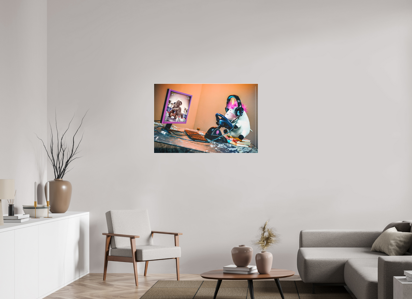 105 x 70 cm, Slimline-Einfassung weiss Rahmen Wandbild Kuscheltiere Deko Kinderzimmer Einhorn Zocker_6
