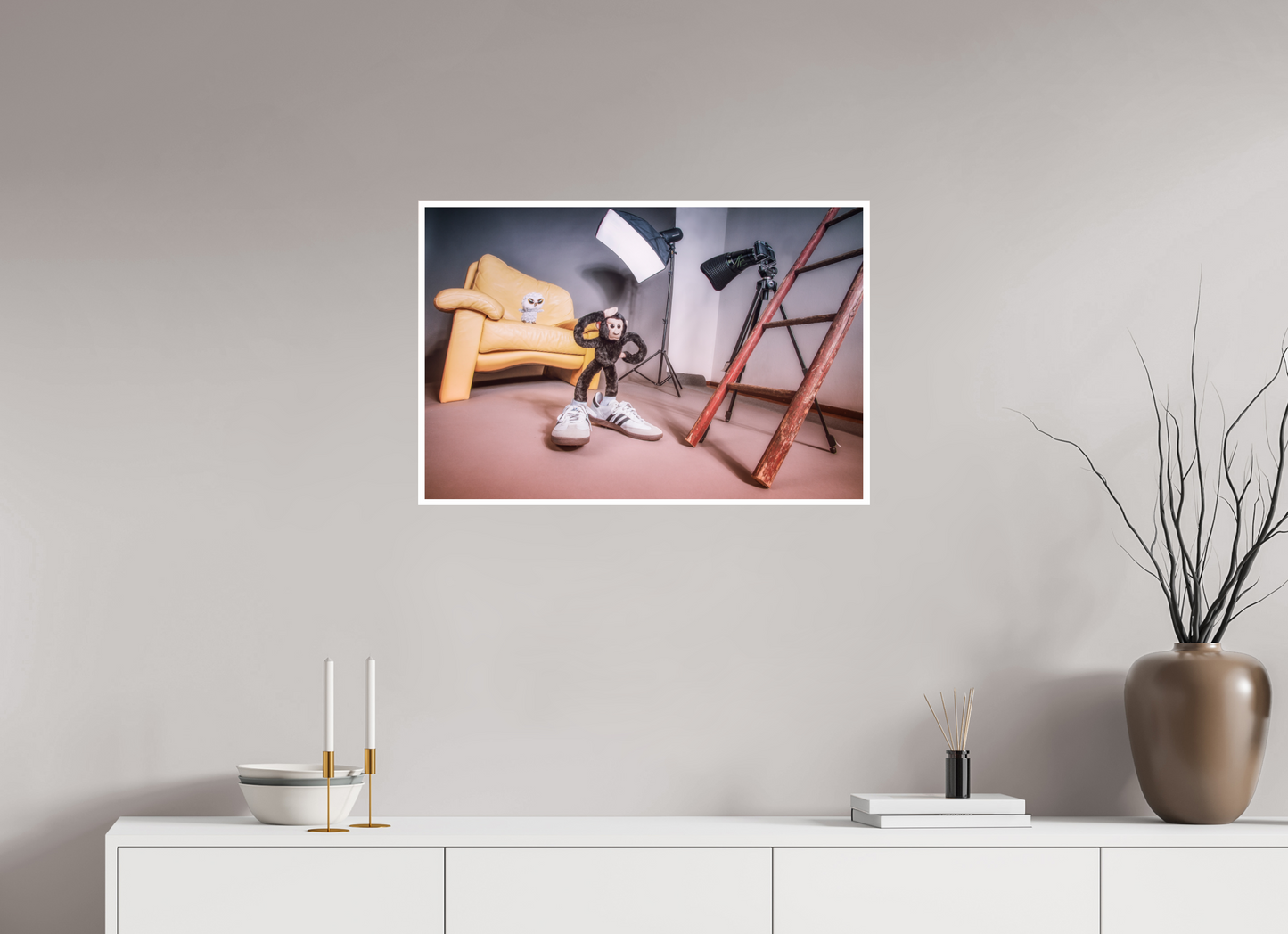 75 x 50 cm, Acrylglas 6mm Rand Acrylglas Wandbild Affe und Eule Kuscheltiere im Fotostudio Deko Kinderzimmer