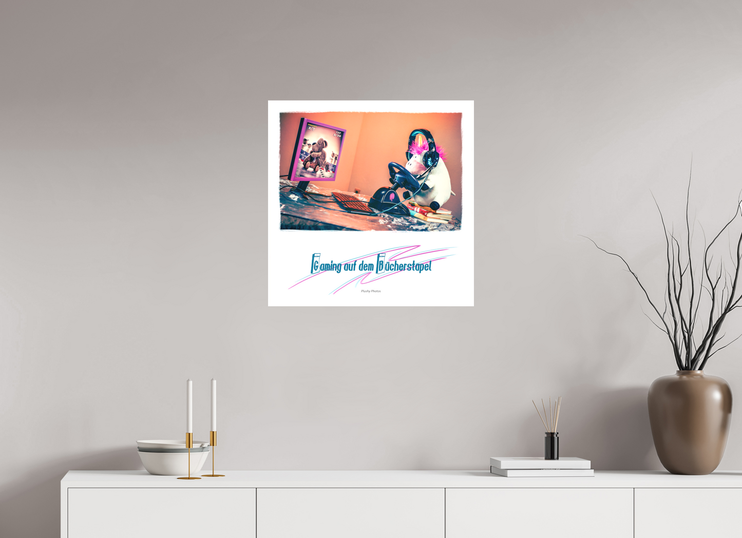 60 x 60 cm, Foto-Leinwand matt Leinwand Wandbild süsses Einhorn Kuscheltier auf dem Bücherstapel Deko Kinderzimmer