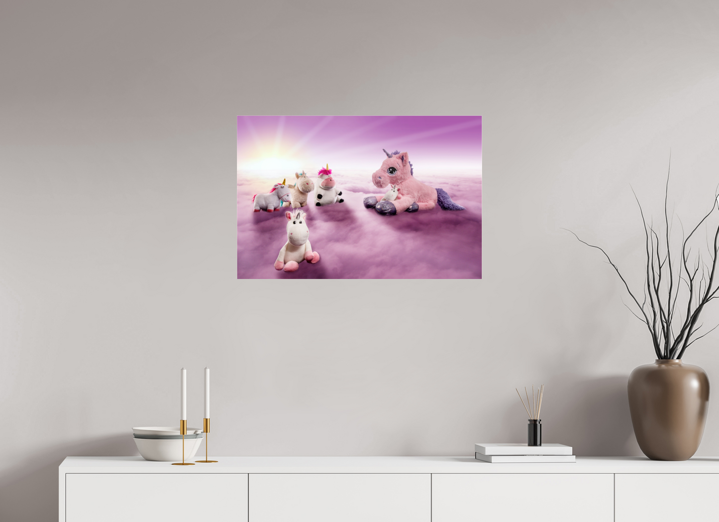 75 x 50 cm, Photo Print Under Acrylic Glass Das Treffen der Einhörner auf den Wolken