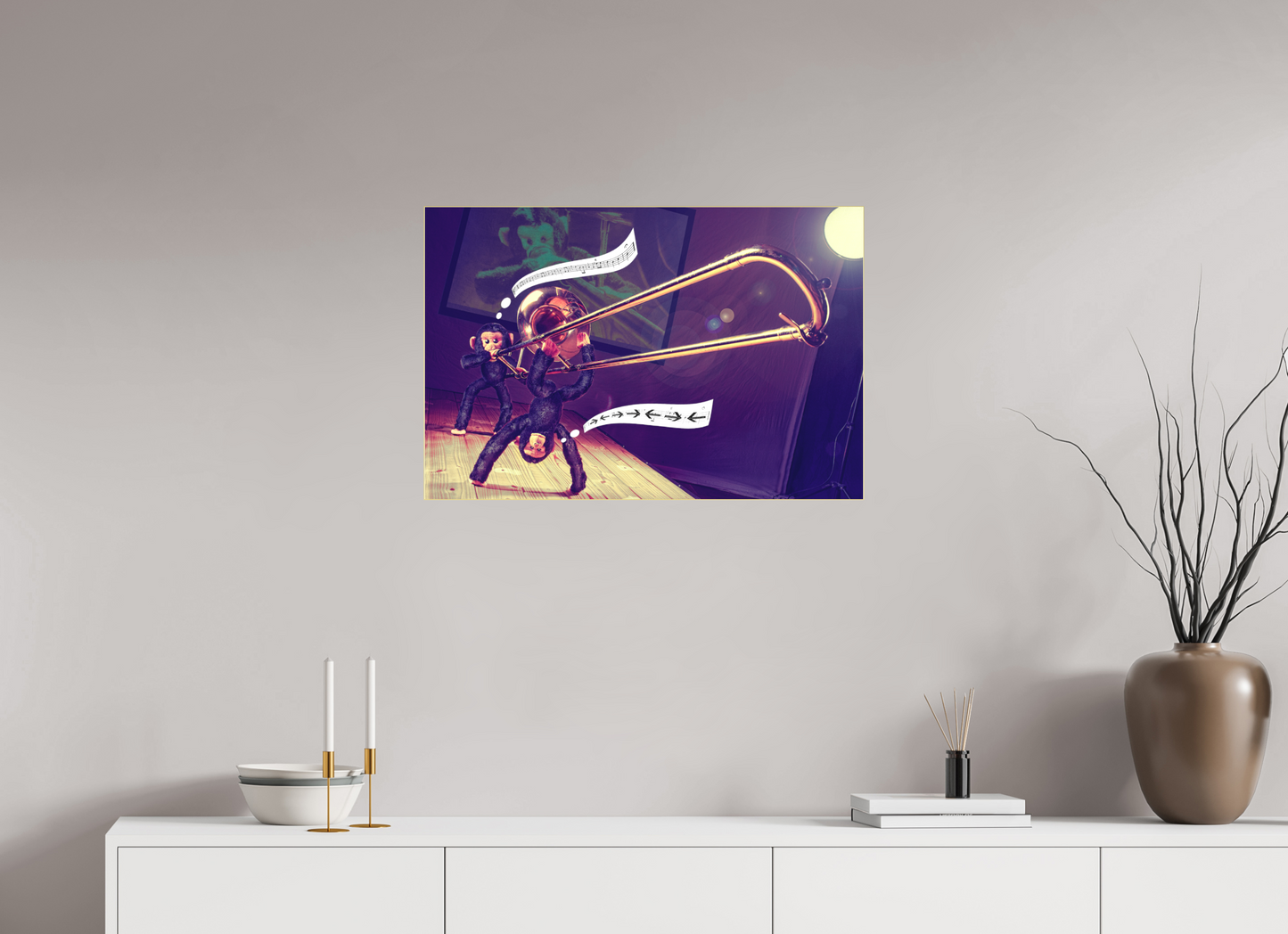75 x 50 cm, Slimline-Einfassung gold Rahmen Wandbild Kuscheltiere Deko Kinderzimmer Affen spielen Posaune_6
