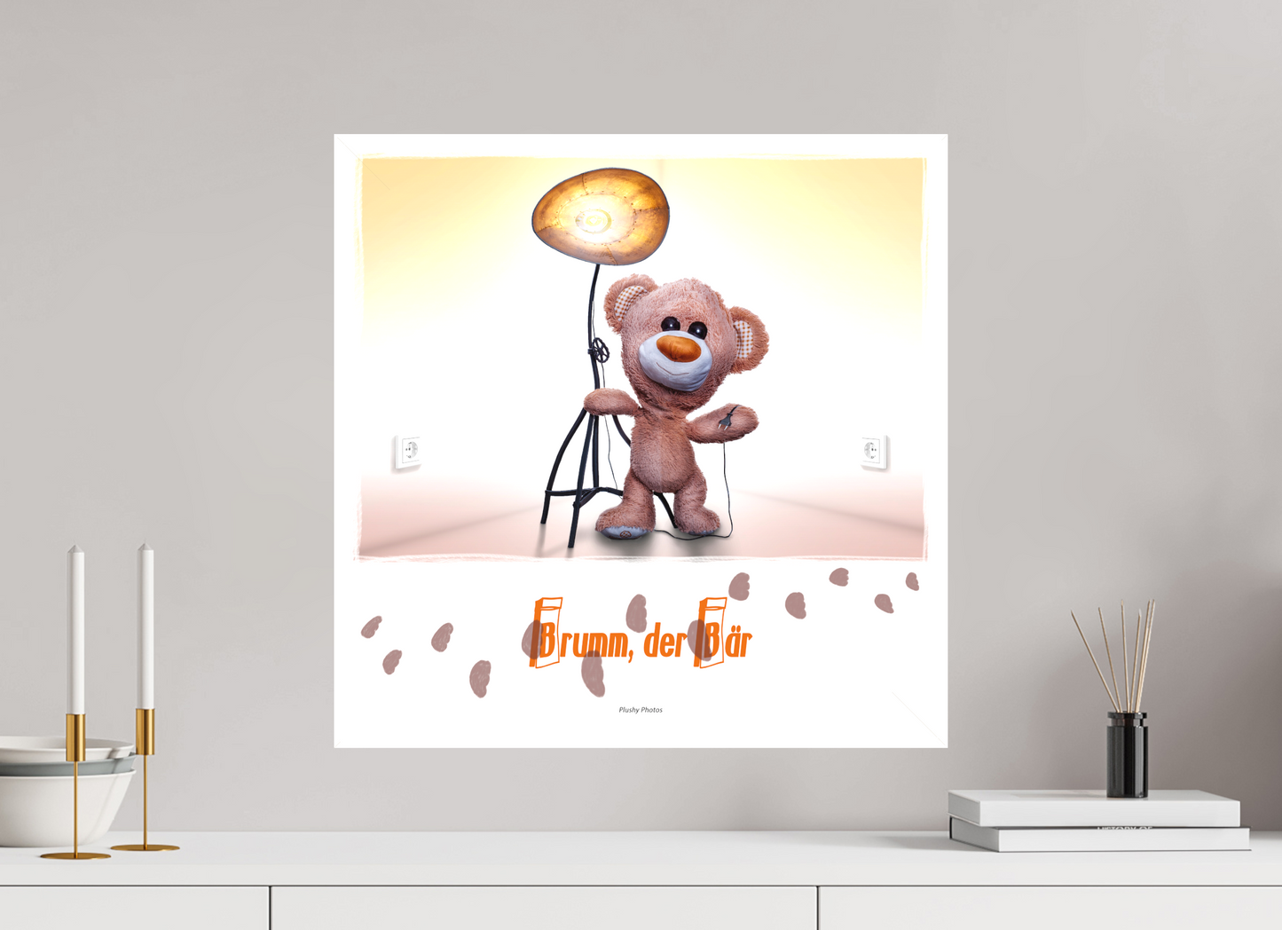 50 x 50 cm, Leinwand 60mm matt Leinwand Wandbild Kuscheltiere Deko Kinderzimmer Teddybaer Brumm_q