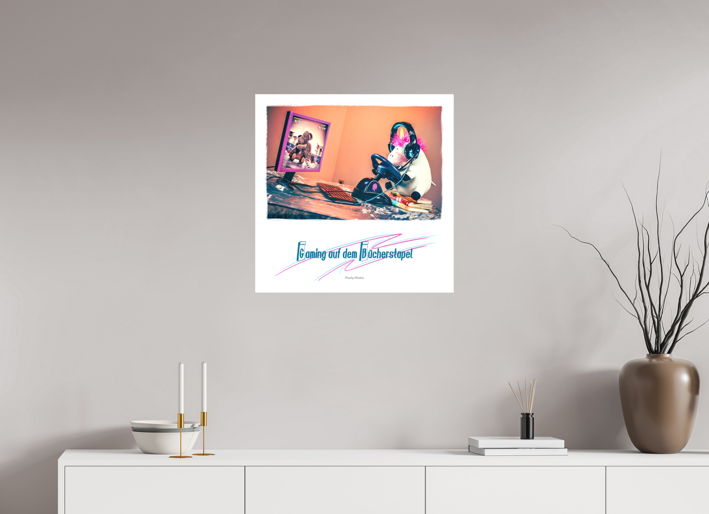 60 x 60 cm, Leinwand 40mm Leinwand Wandbild süsses Einhorn Kuscheltier auf dem Bücherstapel Deko Kinderzimmer