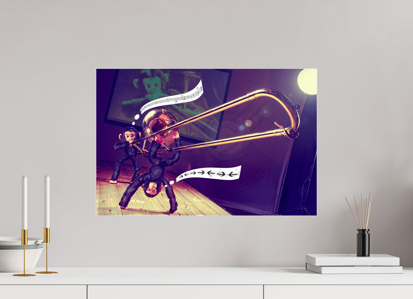 60 x 40 cm, Photo Print Under Acrylic Glass Zwei Affen und eine Posaune -