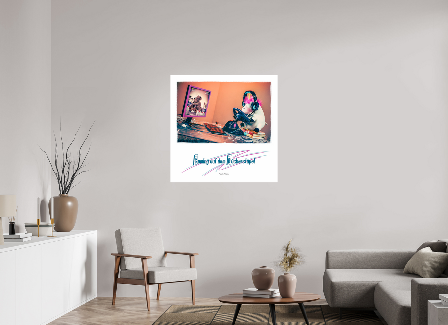 100 x 100 cm, Photo Print On Fuji Crystal DP II Plushy Gaming auf dem Buecherstapel Wanddeko Quadrat