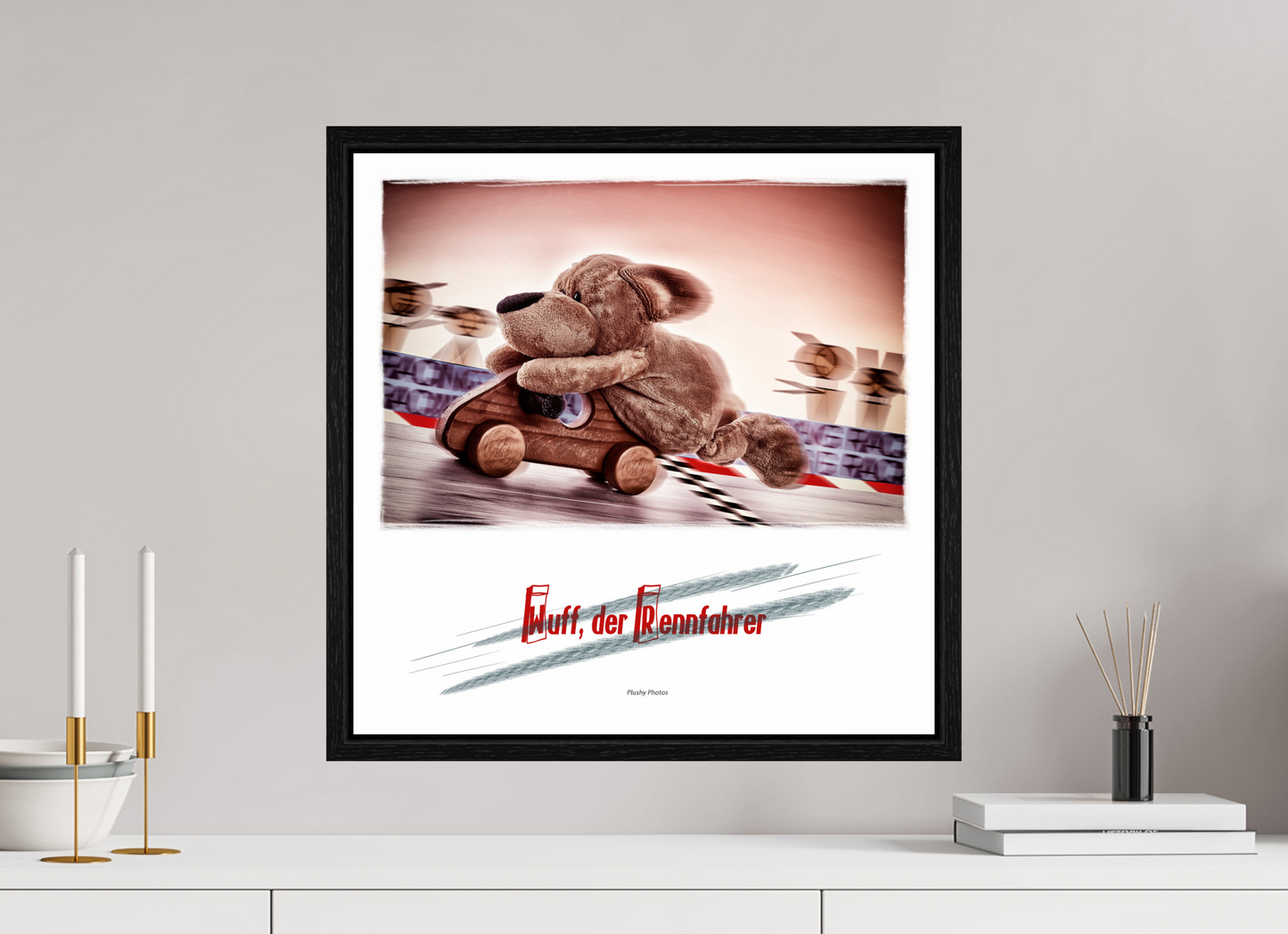 50 x 50 cm, Floater Frame Wuff der Rennfahrer