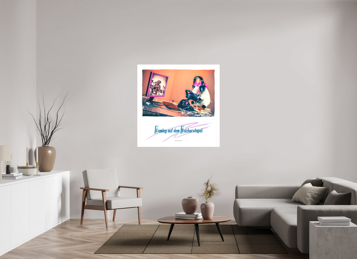 120 x 120 cm, Foto-Leinwand matt Leinwand Wandbild süsses Einhorn Kuscheltier auf dem Bücherstapel Deko Kinderzimmer