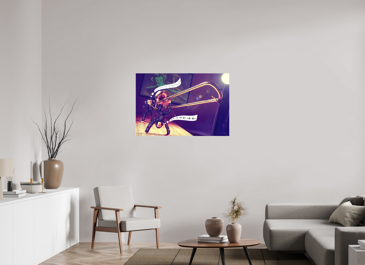 105 x 70 cm, Leinwand 40mm Leinwand Wandbild Affen Kuscheltiere spielen Posaune Deko Kinderzimmer