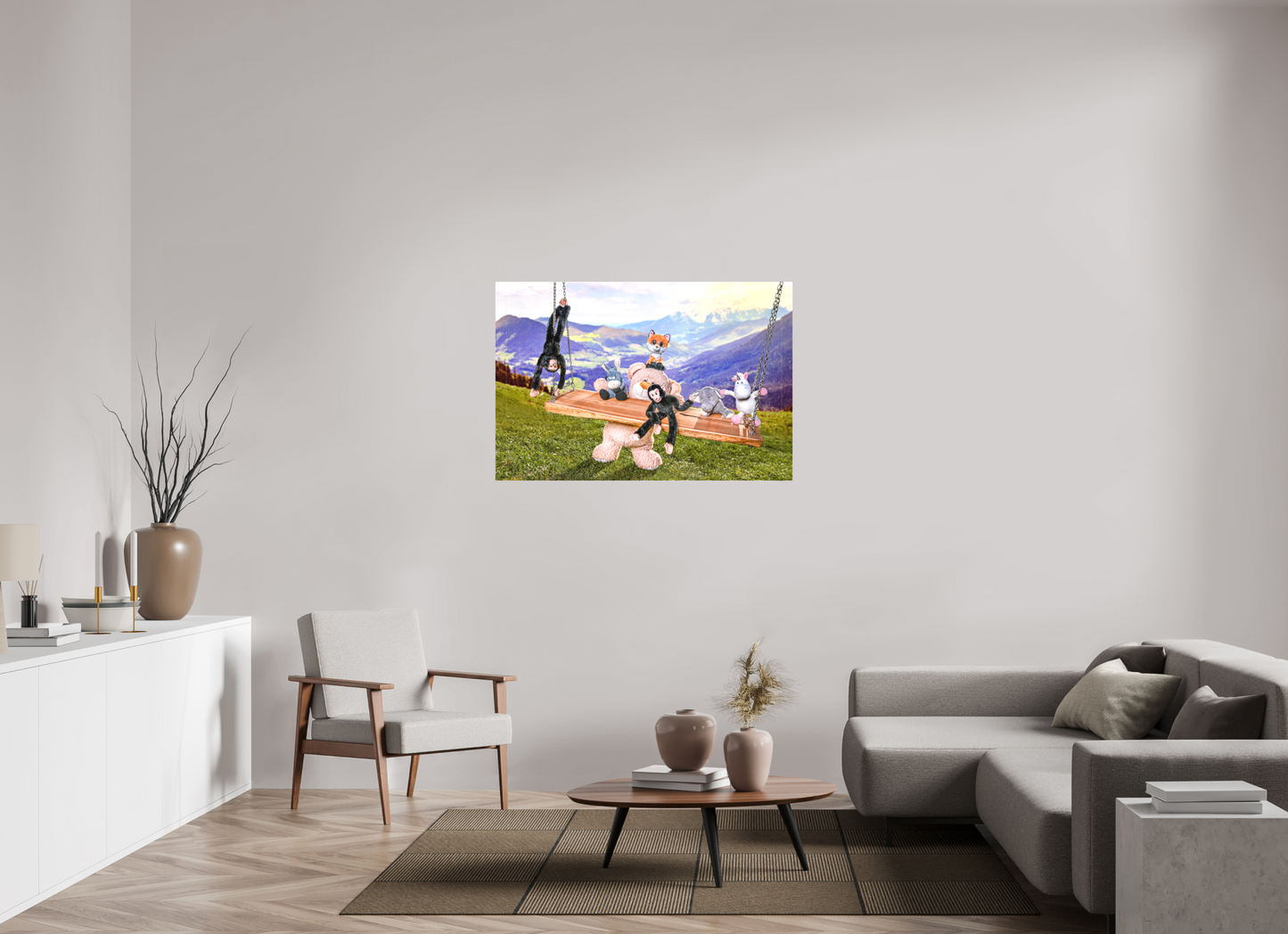120 x 80 cm, Foto-Leinwand 20mm matt Leinwand Wandbild Kuscheltiere Deko Kinderzimmer Auf der Schaukel_6