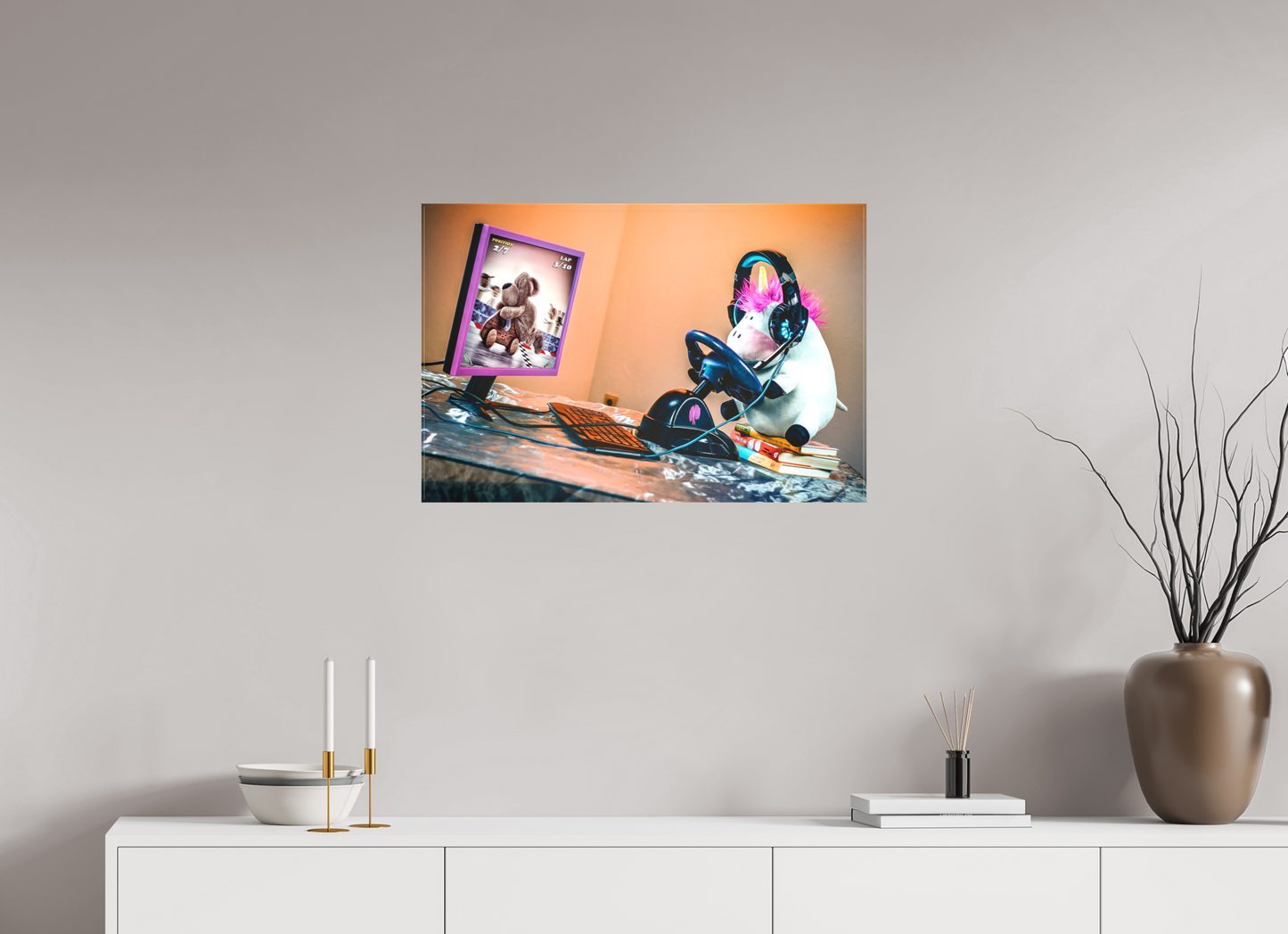 75 x 50 cm, Foto-Leinwand matt Wandbild süsses Einhorn Kuscheltier auf dem Bücherstapel Deko Kinderzimmer
