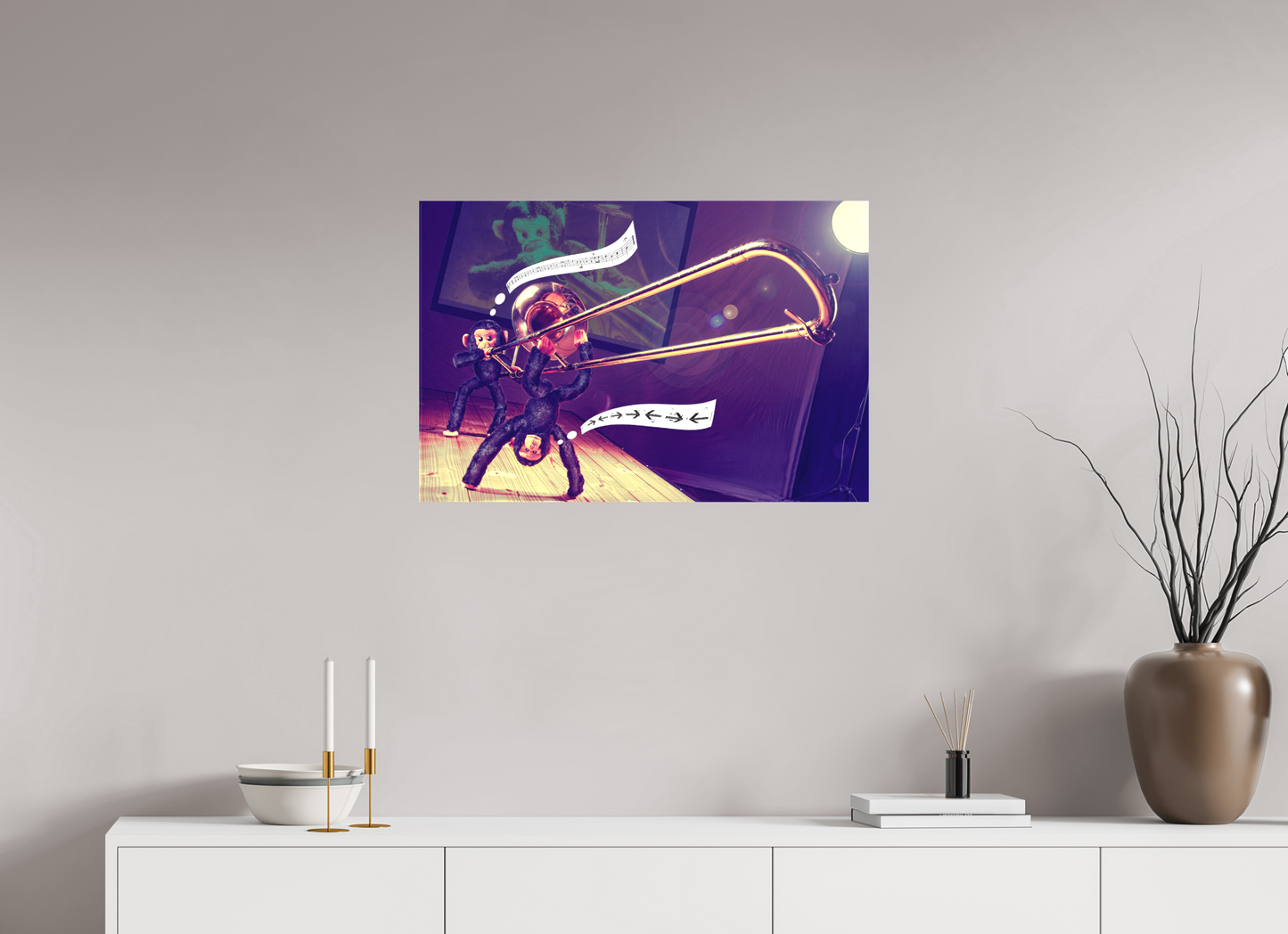 75 x 50 cm, Leinwand 40mm Leinwand Wandbild Affen Kuscheltiere spielen Posaune Deko Kinderzimmer