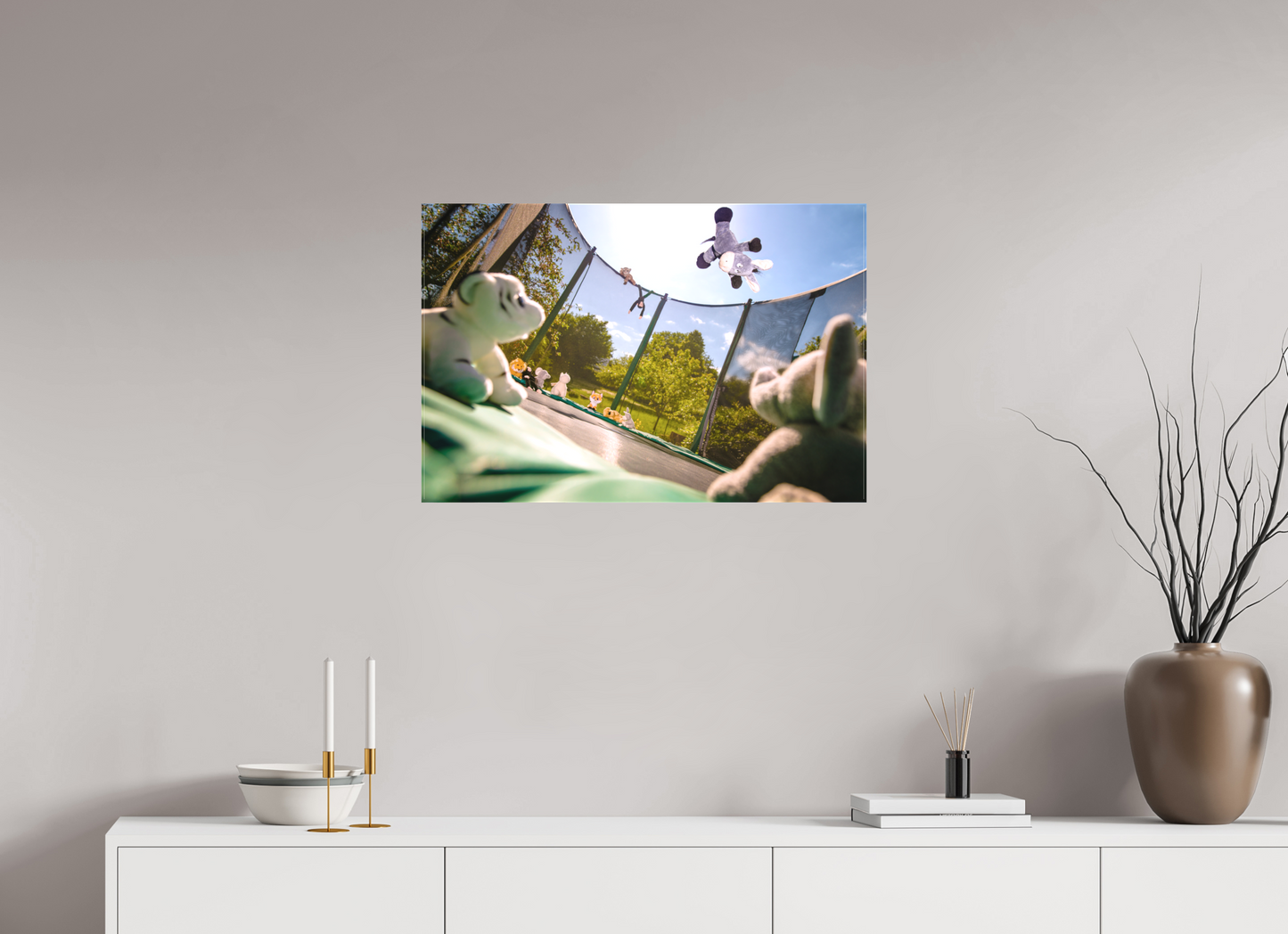 75 x 50 cm, Foto-Leinwand matt Wandbild Esel Kuscheltiere auf dem Trampolin Deko Kinderzimmer