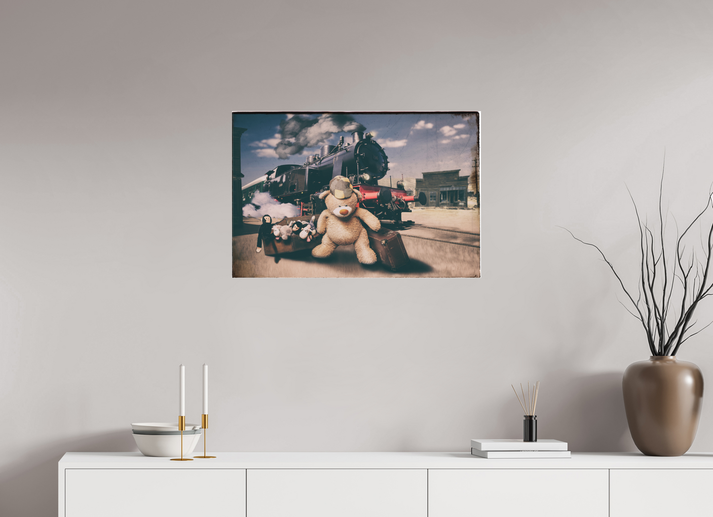 75 x 50 cm, Leinwand Textil 40mm Leinwand Wandbild Kuscheltiere Deko Kinderzimmer Teddybär auf Zeitreise