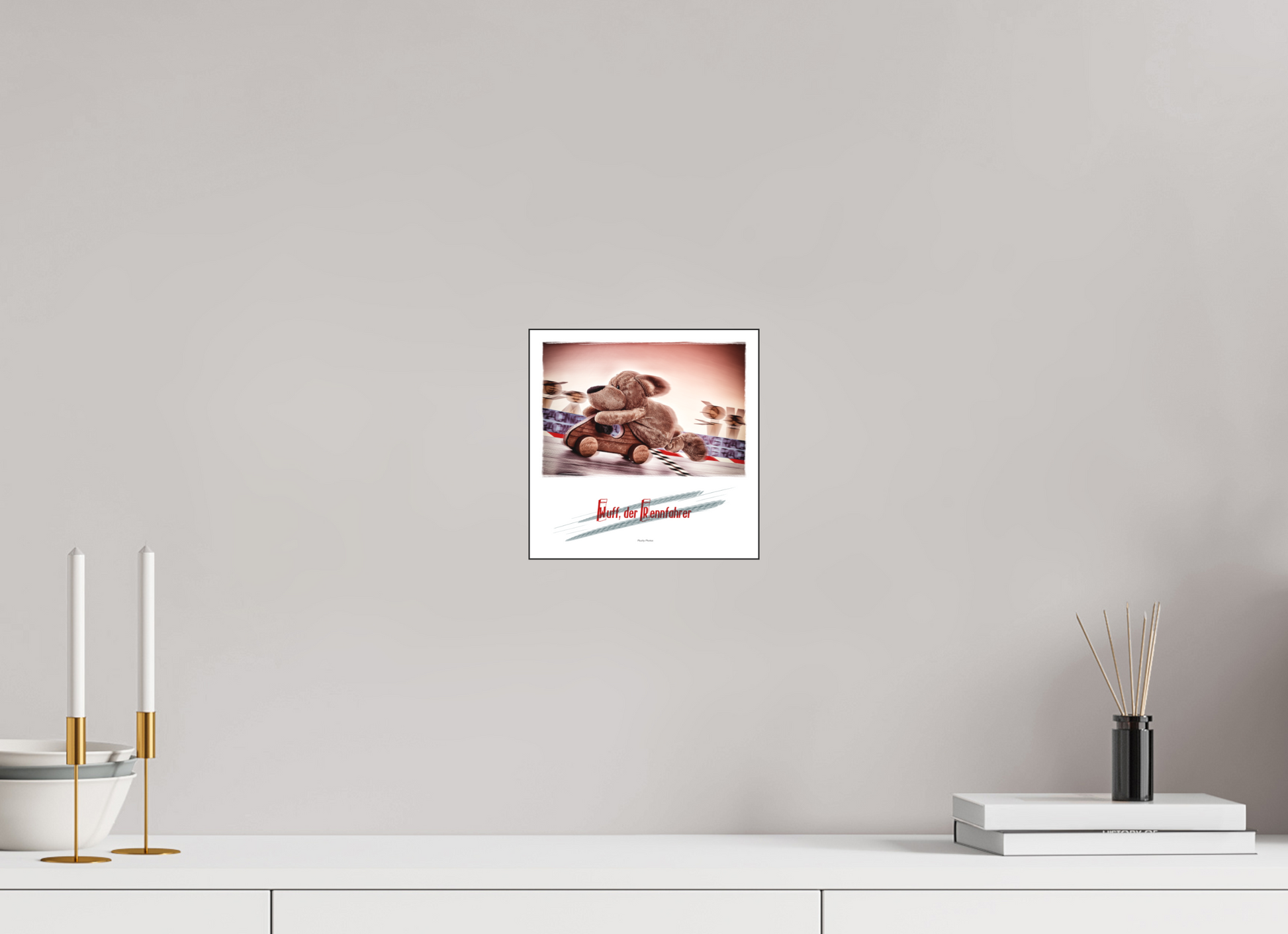 20 x 20 cm, Slimline-Einfassung schwarz Rahmen Wandbild Kuscheltiere Deko Kinderzimmer Wuff Rennfahrer_q