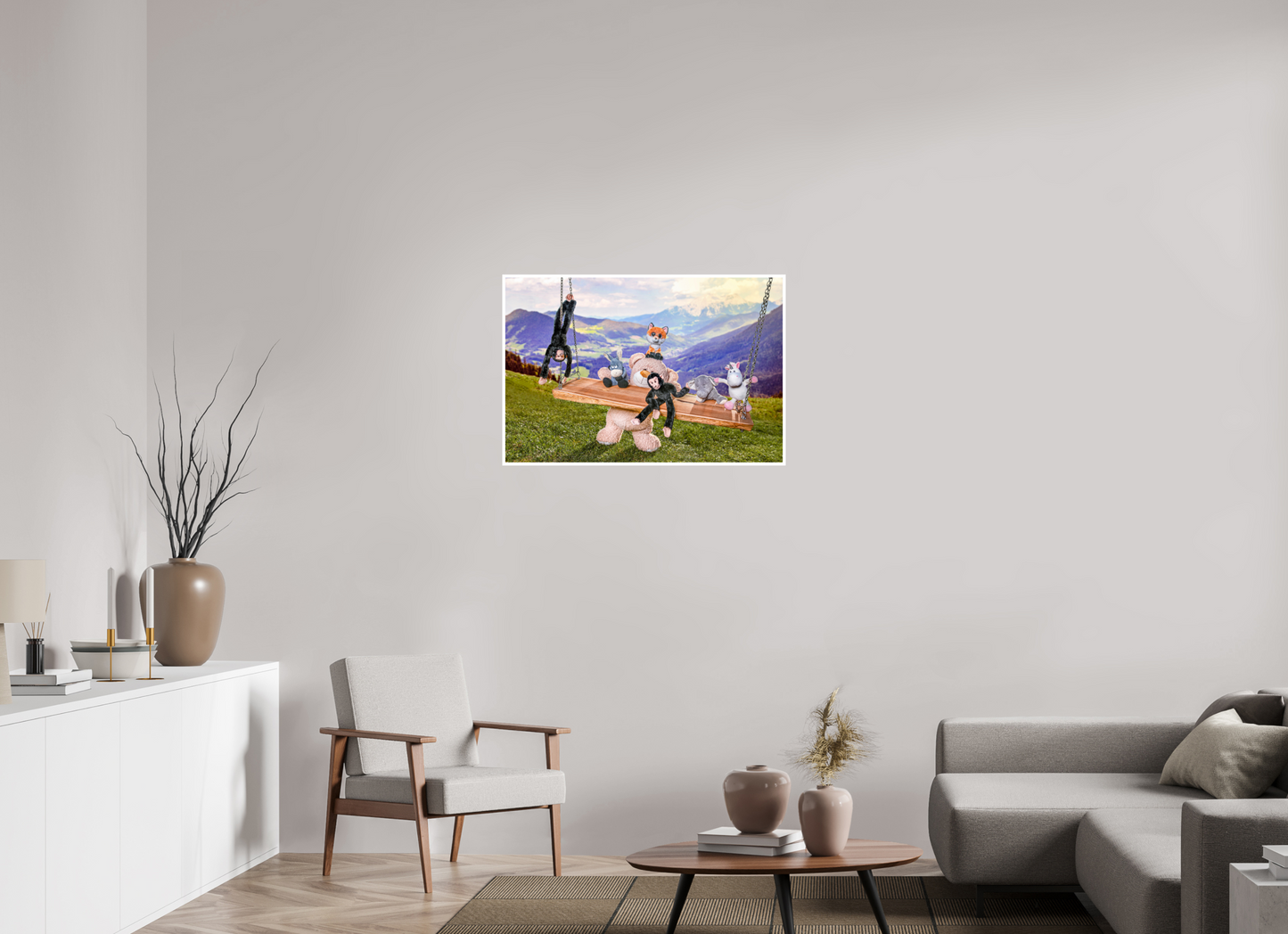 90 x 60 cm, Fotoprint Fuji + Schutz + Rand Wandbild Kuscheltiere Deko Kinderzimmer Auf der Schaukel_6