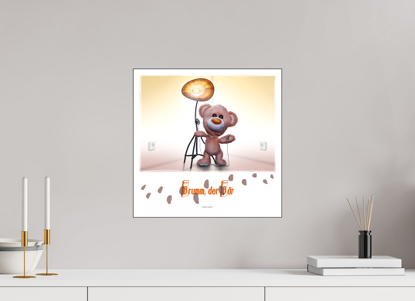 40 x 40 cm, Slimline-Einfassung schwarz Rahmen Wandbild Kuscheltiere Deko Kinderzimmer Teddybaer Brumm_q