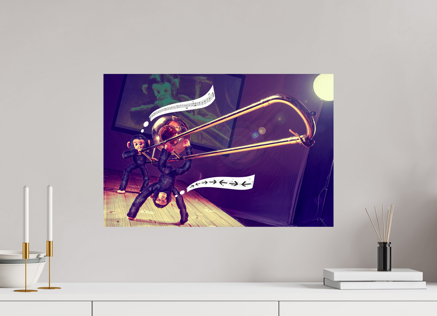 60 x 40 cm, Photo Print On Fuji Crystal DP II Zwei Affen und eine Posaune -