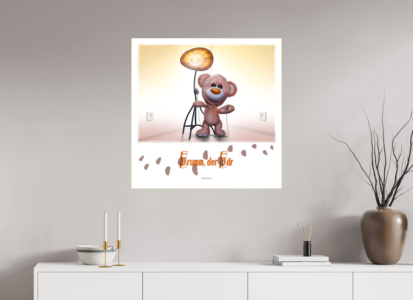 80 x 80 cm, Slimline-Einfassung gold Rahmen Wandbild Kuscheltiere Deko Kinderzimmer Teddybaer Brumm_q