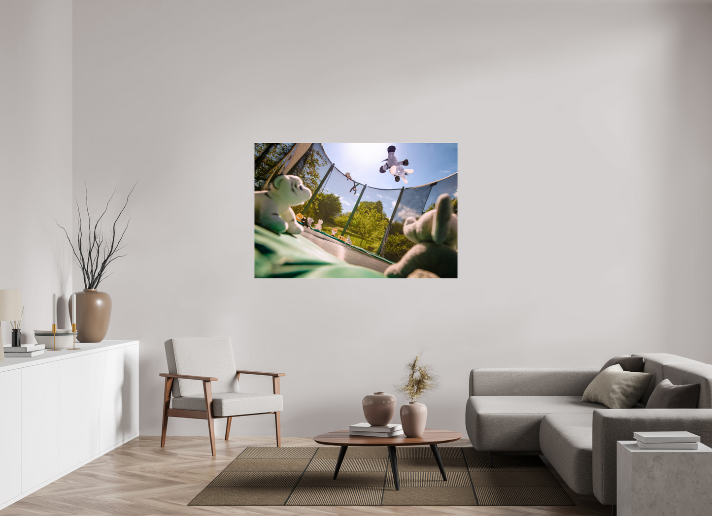 150 x 100 cm, Photo Print Under Acrylic Glass Wandbild Esel Kuscheltiere auf dem Trampolin Deko Kinderzimmer