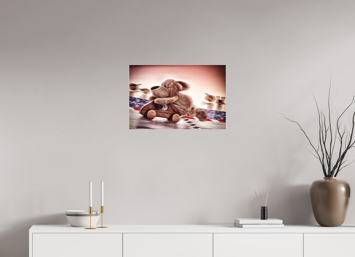 60 x 40 cm, Slimline-Einfassung silber Rahmen Wandbild Kuscheltiere Deko Kinderzimmer Wuff Rennfahrer_6