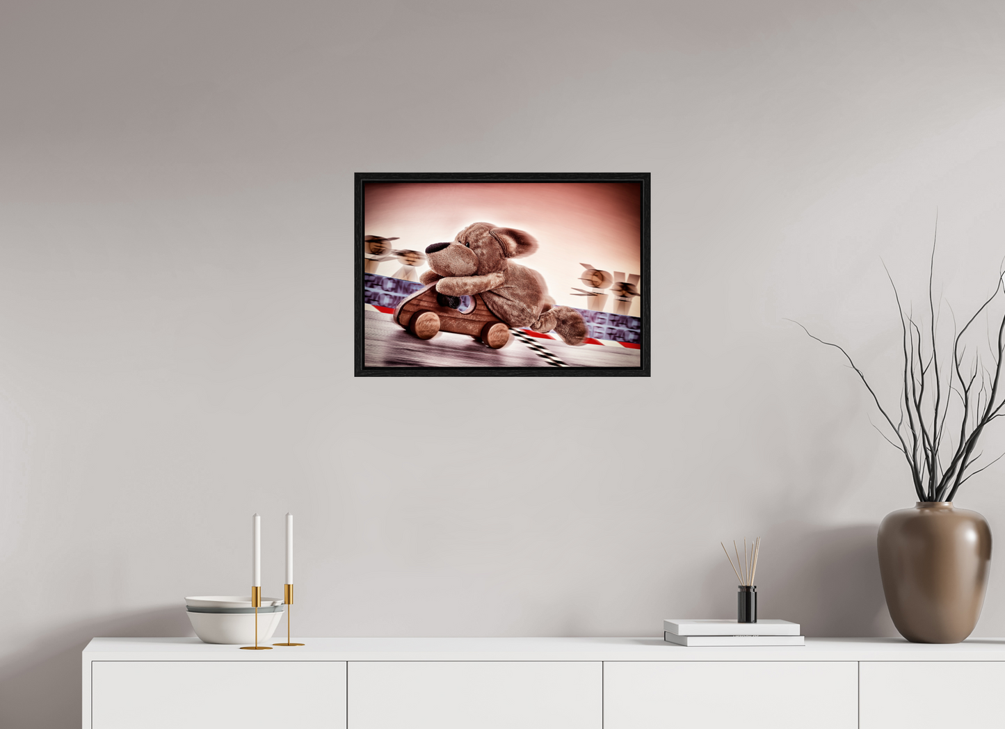 60 x 40 cm, Floater Frame Wandbild süßer brauner Hund Kuscheltier der Rennfahrer Deko Kinderzimmer