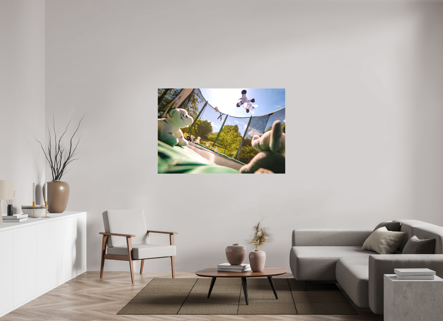 150 x 100 cm, Foto-Leinwand matt Wandbild Esel Kuscheltiere auf dem Trampolin Deko Kinderzimmer