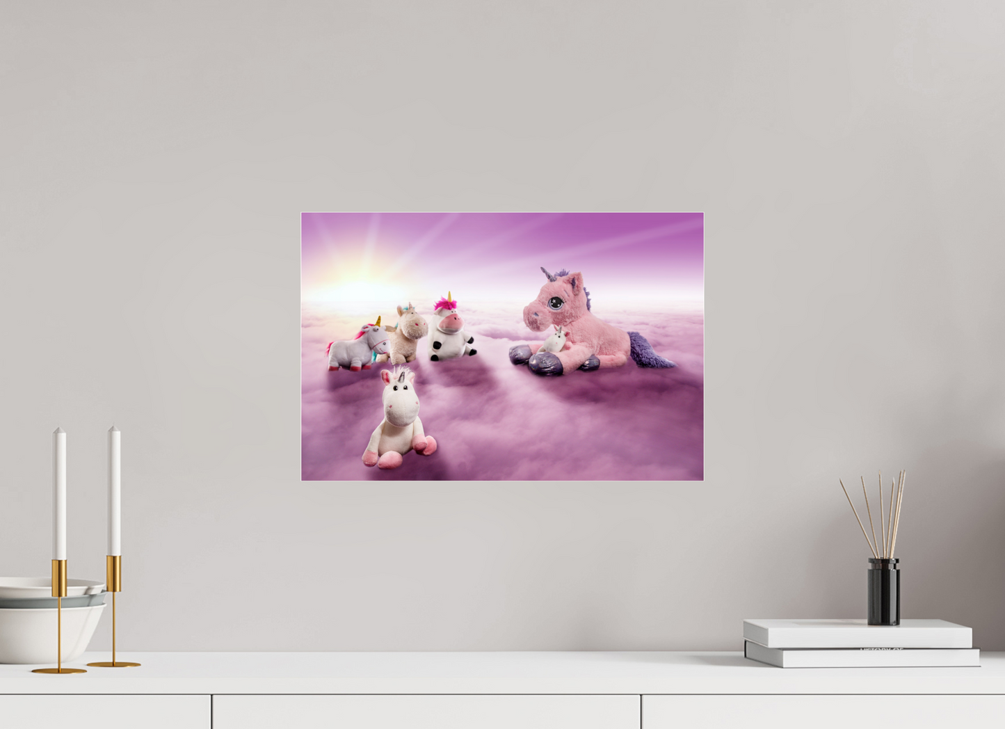 45 x 30 cm, Photo Print Under Acrylic Glass Das Treffen der Einhörner auf den Wolken