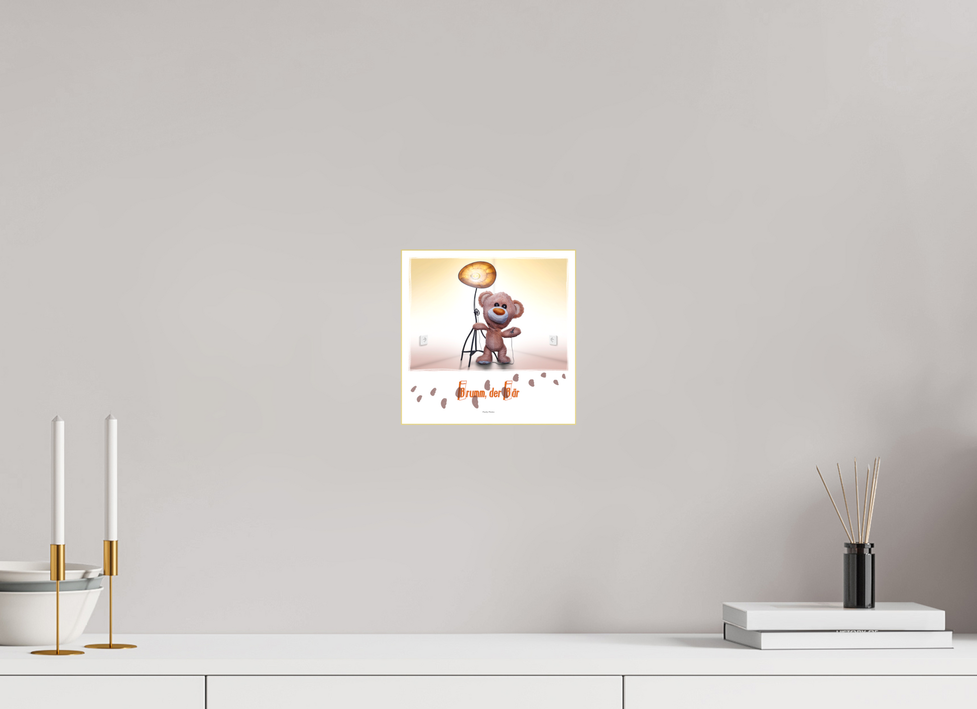 20 x 20 cm, Slimline-Einfassung gold Rahmen Wandbild Kuscheltiere Deko Kinderzimmer Teddybaer Brumm_q