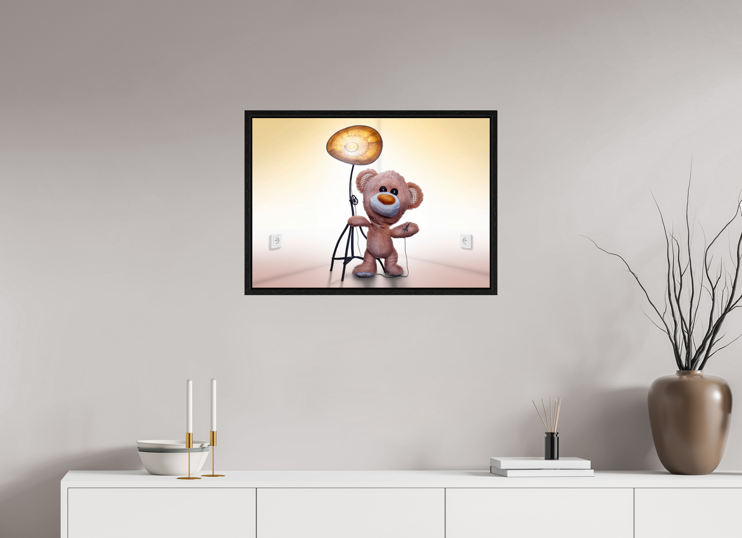 70 x 50 cm, Floater Frame Wandbild süßer brauner Teddybär Kuscheltier und die Wunderlampe Deko Kinderzimmer