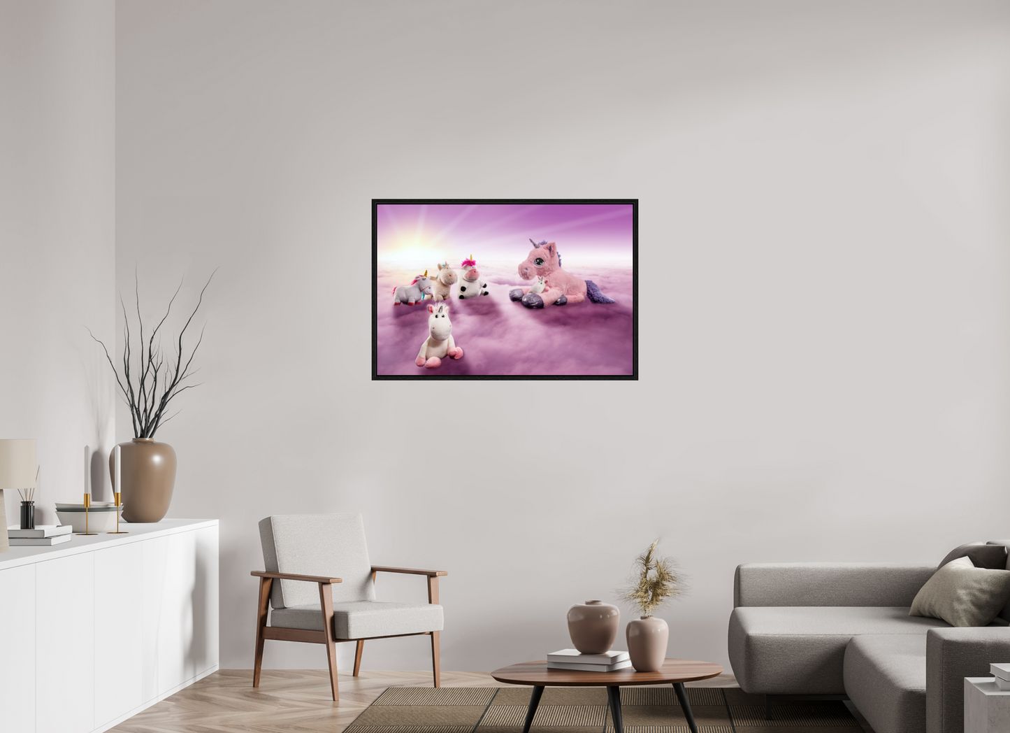 105 x 70 cm, Floater Frame Wandbild weiße Einhörner Kuscheltiere auf den Wolken Deko Kinderzimmer