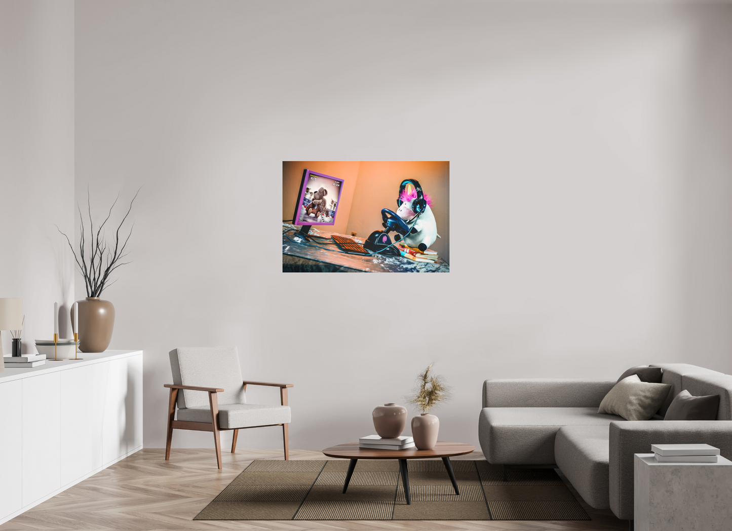 120 x 80 cm, Slimline-Einfassung silber Rahmen Wandbild Kuscheltiere Deko Kinderzimmer Einhorn Zocker_6