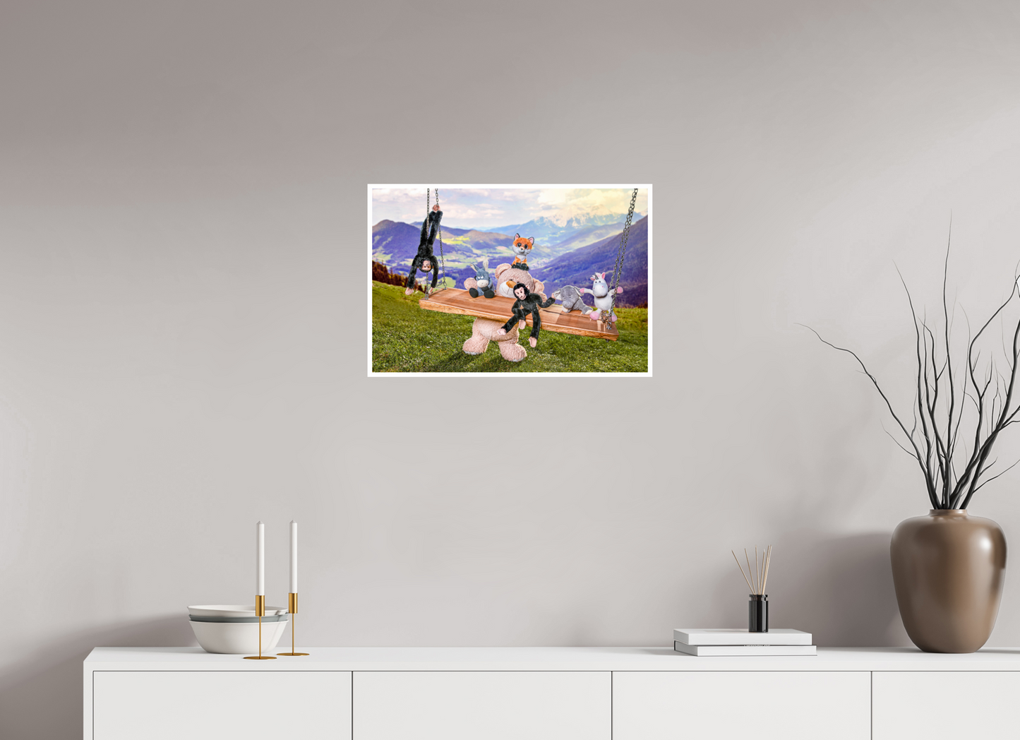 60 x 40 cm, Fotoprint Fuji + Schutz + Rand Wandbild Kuscheltiere Deko Kinderzimmer Auf der Schaukel_6