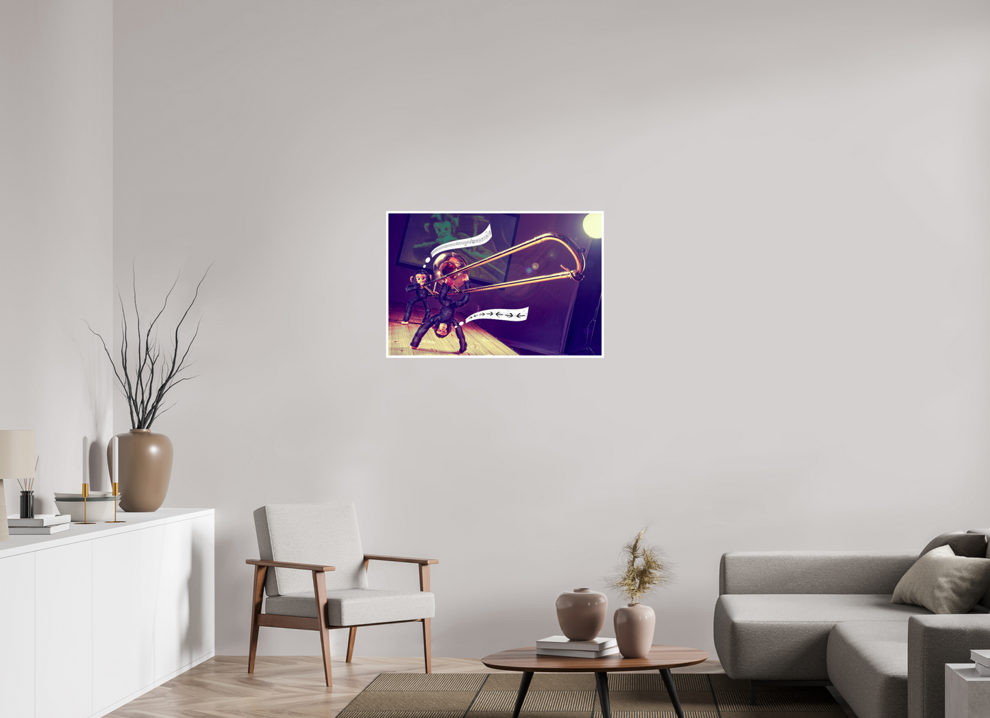 90 x 60 cm, Fotopapier Fuji Schutz Rand Fotopapier Wandbild Kuscheltiere Deko Kinderzimmer Affen spielen Posaune_6