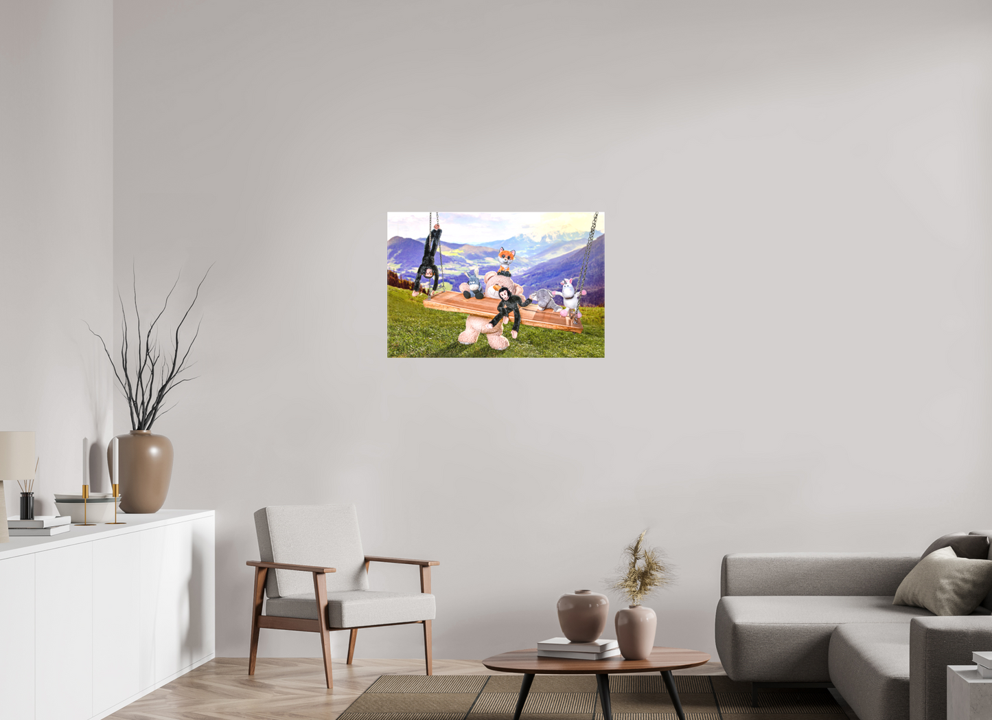 90 x 60 cm, Foto-Leinwand 20mm matt Leinwand Wandbild Kuscheltiere Deko Kinderzimmer Auf der Schaukel_6