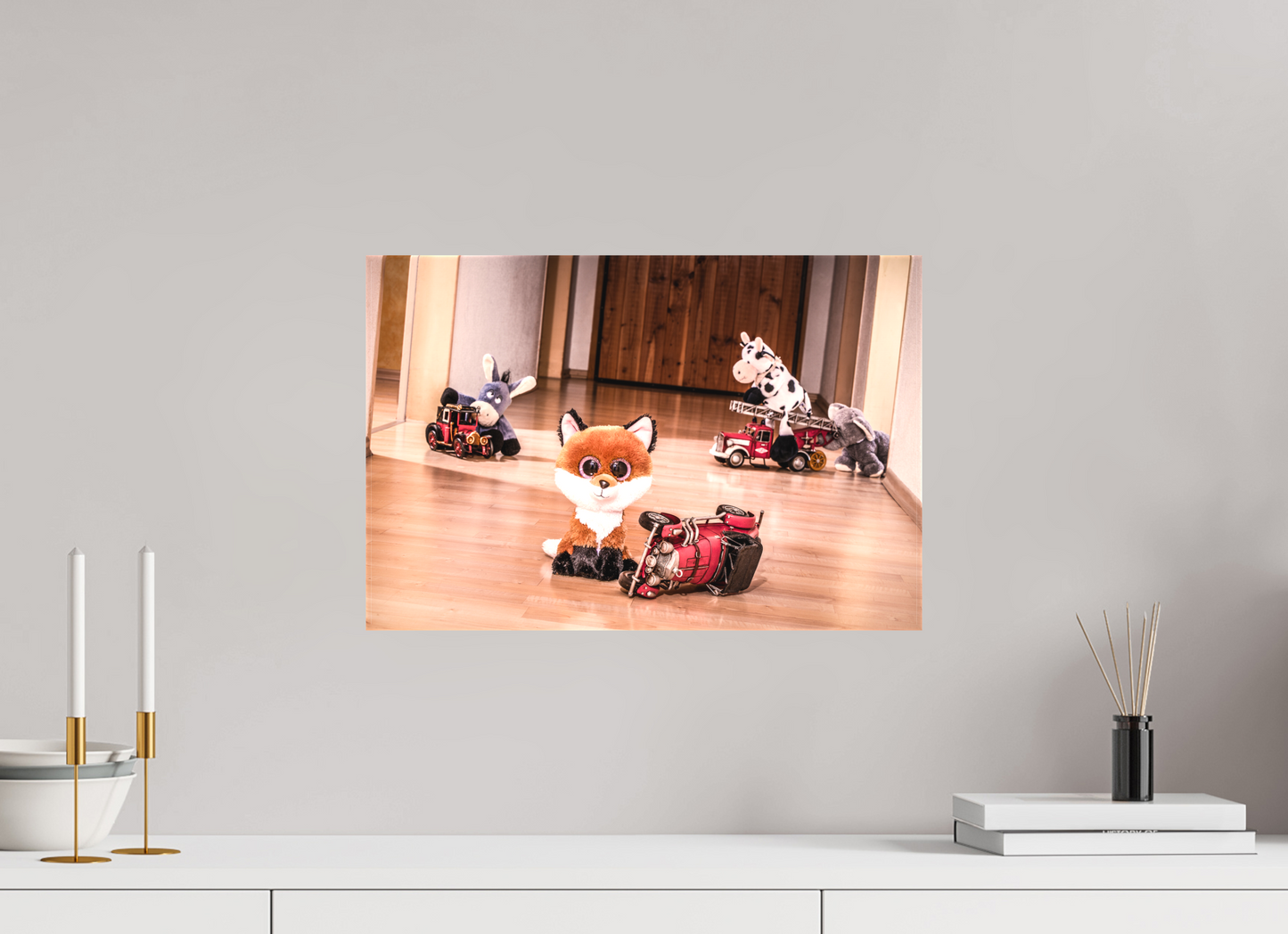 45 x 30 cm, Leinwand 60mm Leinwand Wandbild süsser Fuchs Kuscheltier spielt mit Blechauto Deko Kinderzimmer