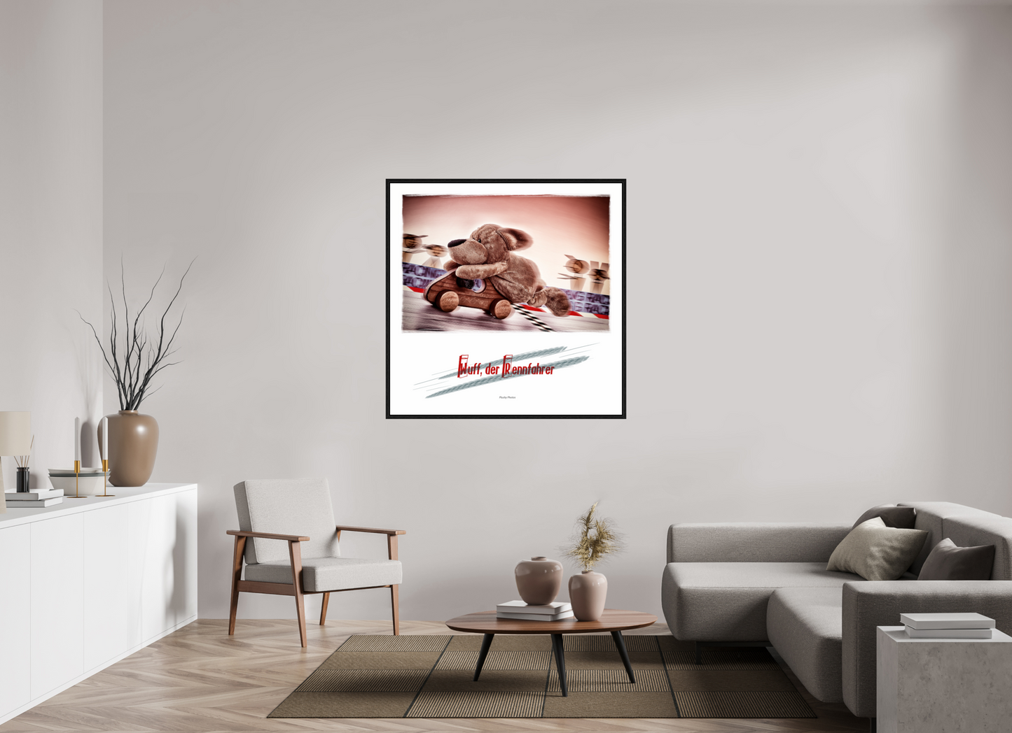 120 x 120 cm, Floater Frame Wuff der Rennfahrer