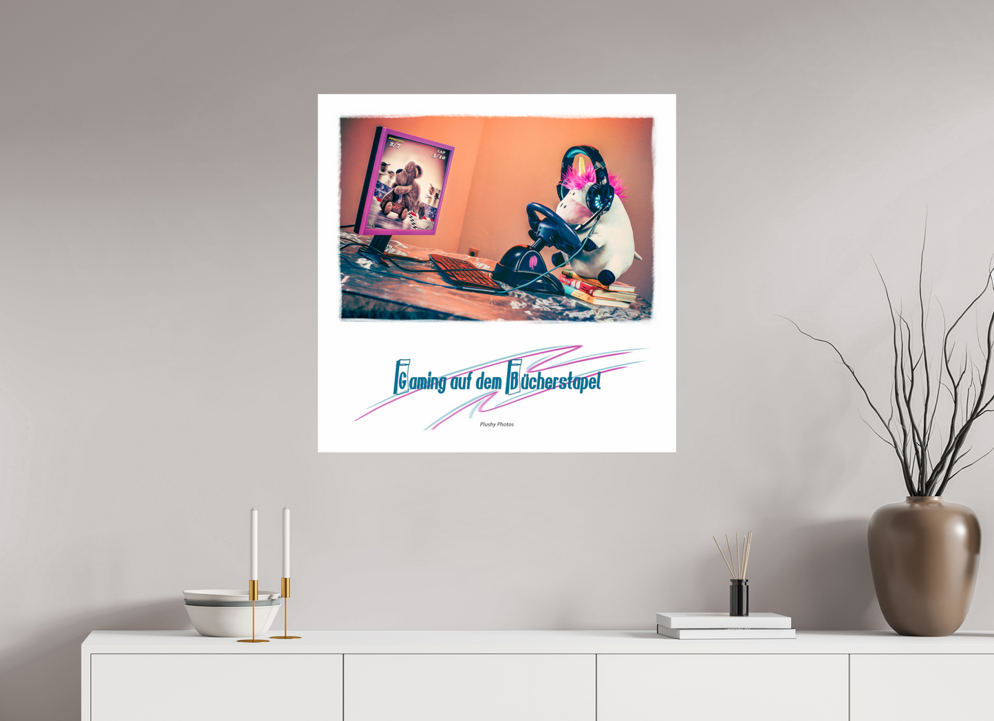 80 x 80 cm, Photo Print On Fuji Crystal DP II Plushy Gaming auf dem Buecherstapel Wanddeko Quadrat